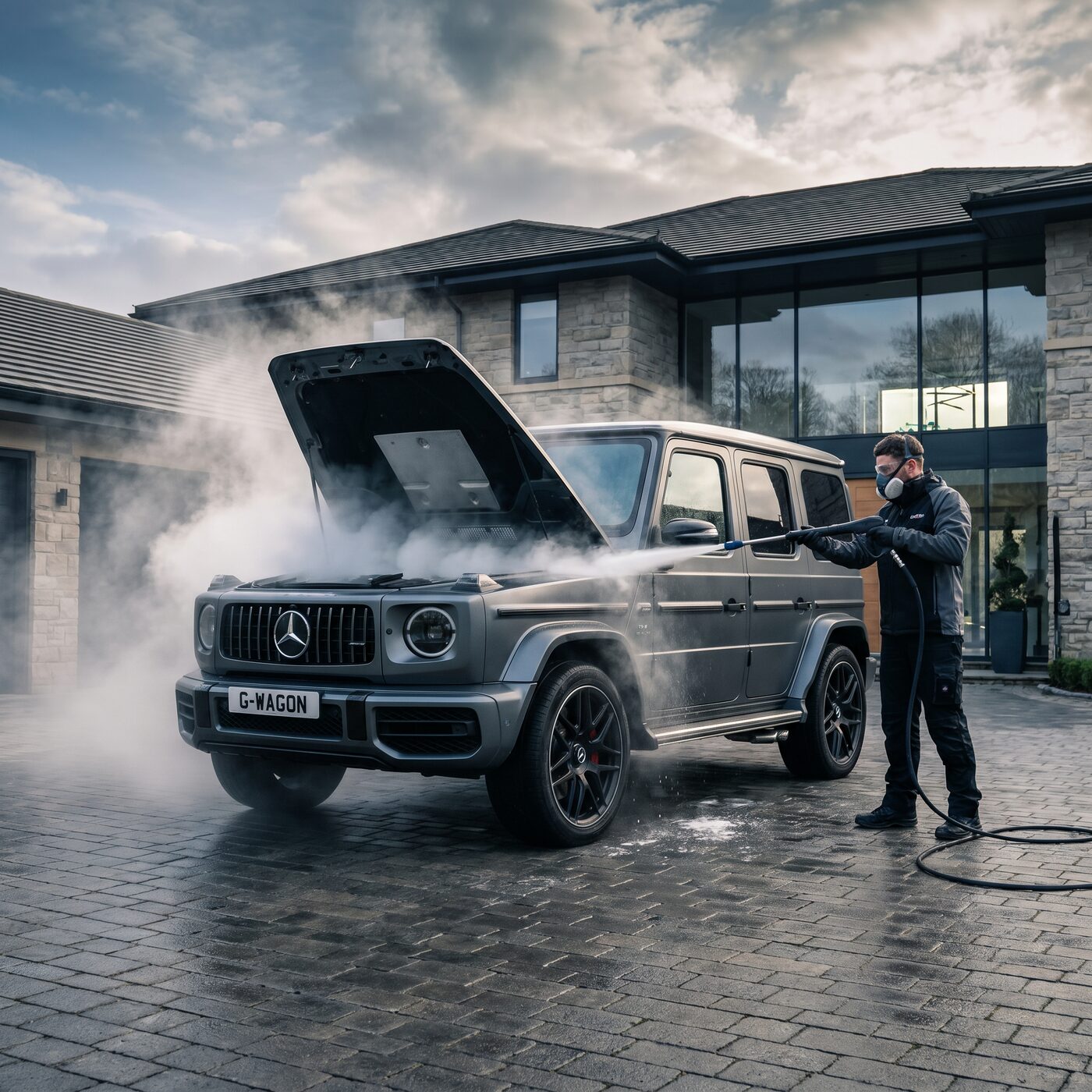 Particle dry ice blasting a luxury SUV in a residential driveway