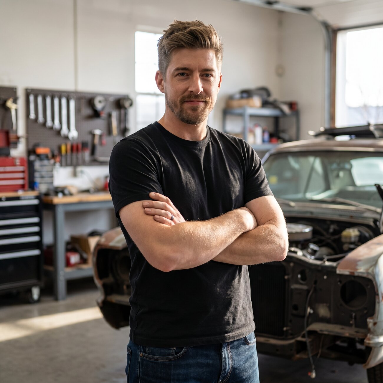 Jordan Driessen, founder of Particle Dry Ice Blasting + Restorations, in his shop