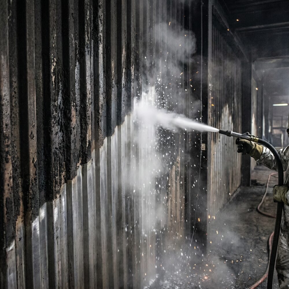 Dry ice blasting soot from a fire-damaged industrial bay