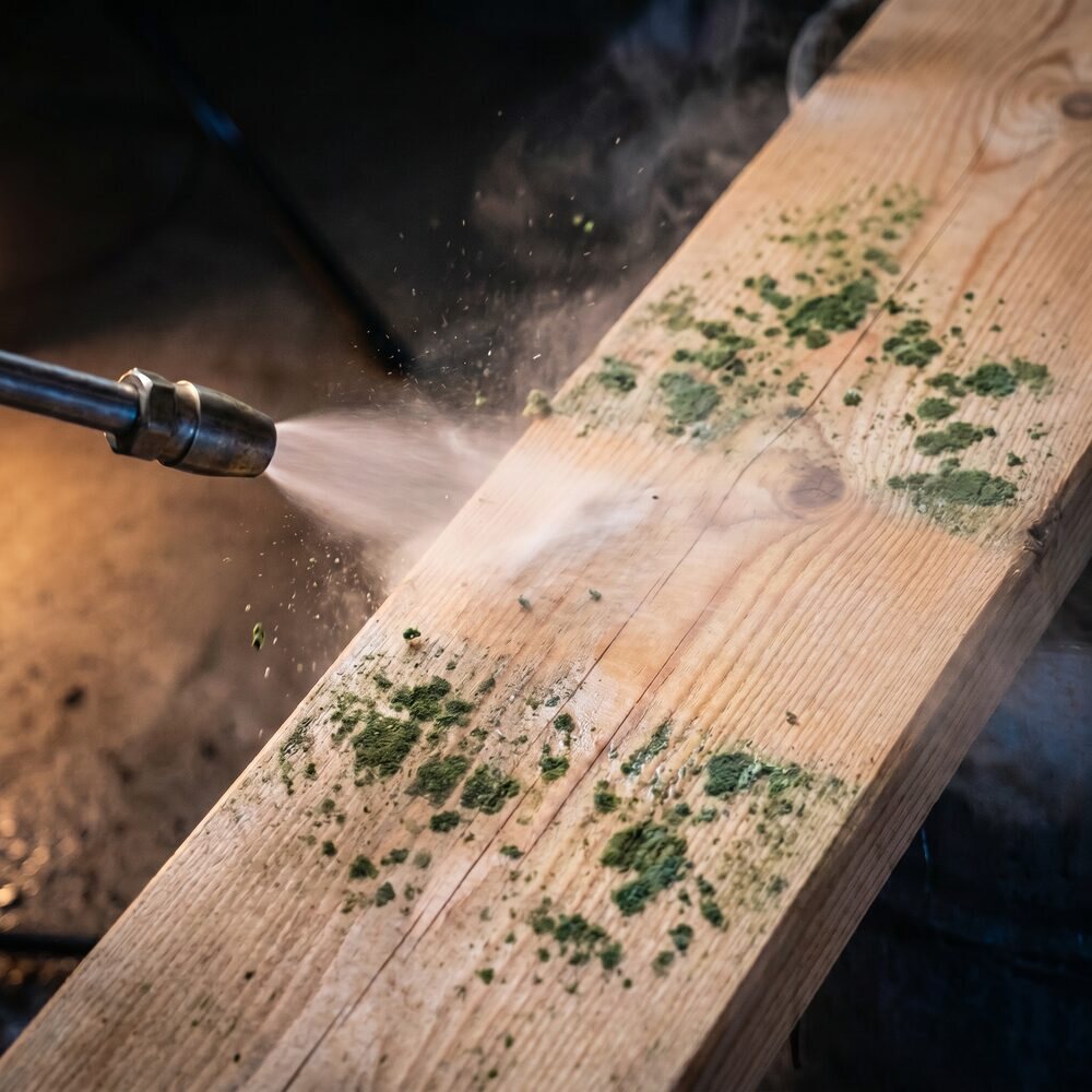 Removing mould from timber with dry ice blasting