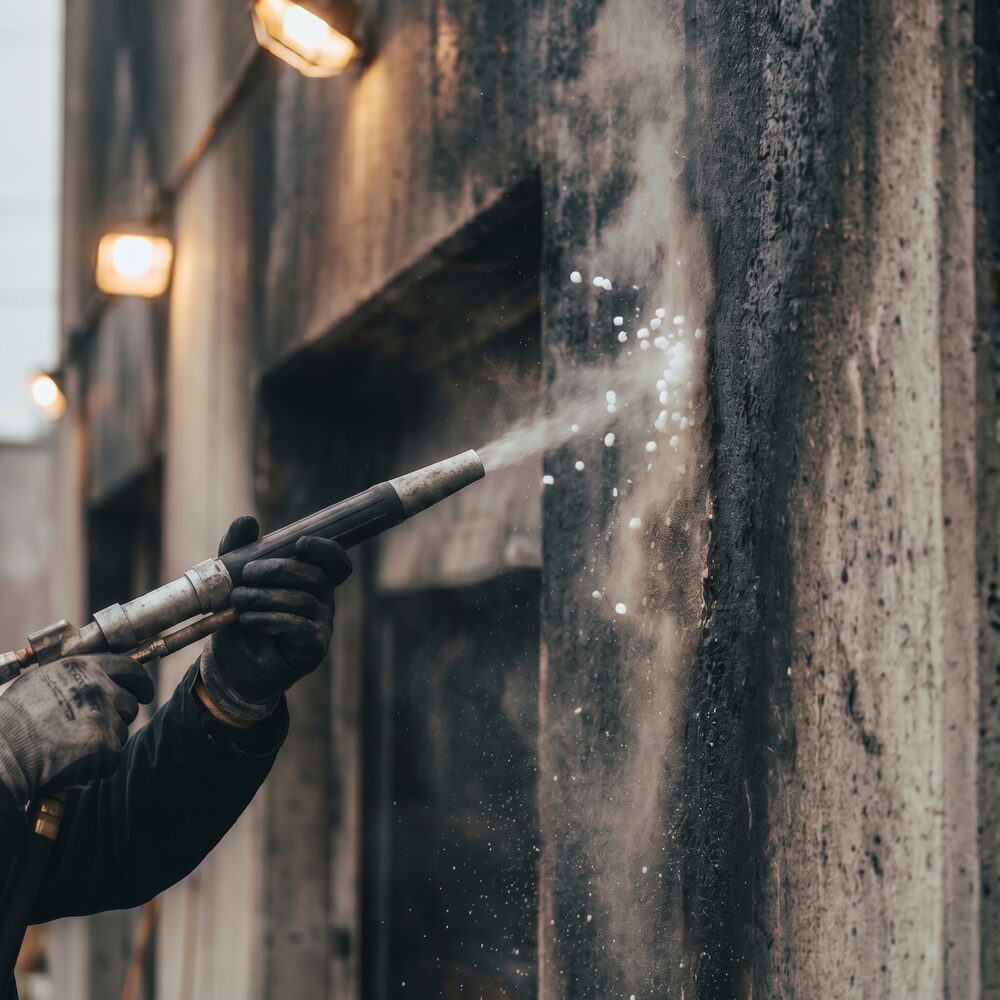 Dry ice blasting soot and char off a fire-damaged wall